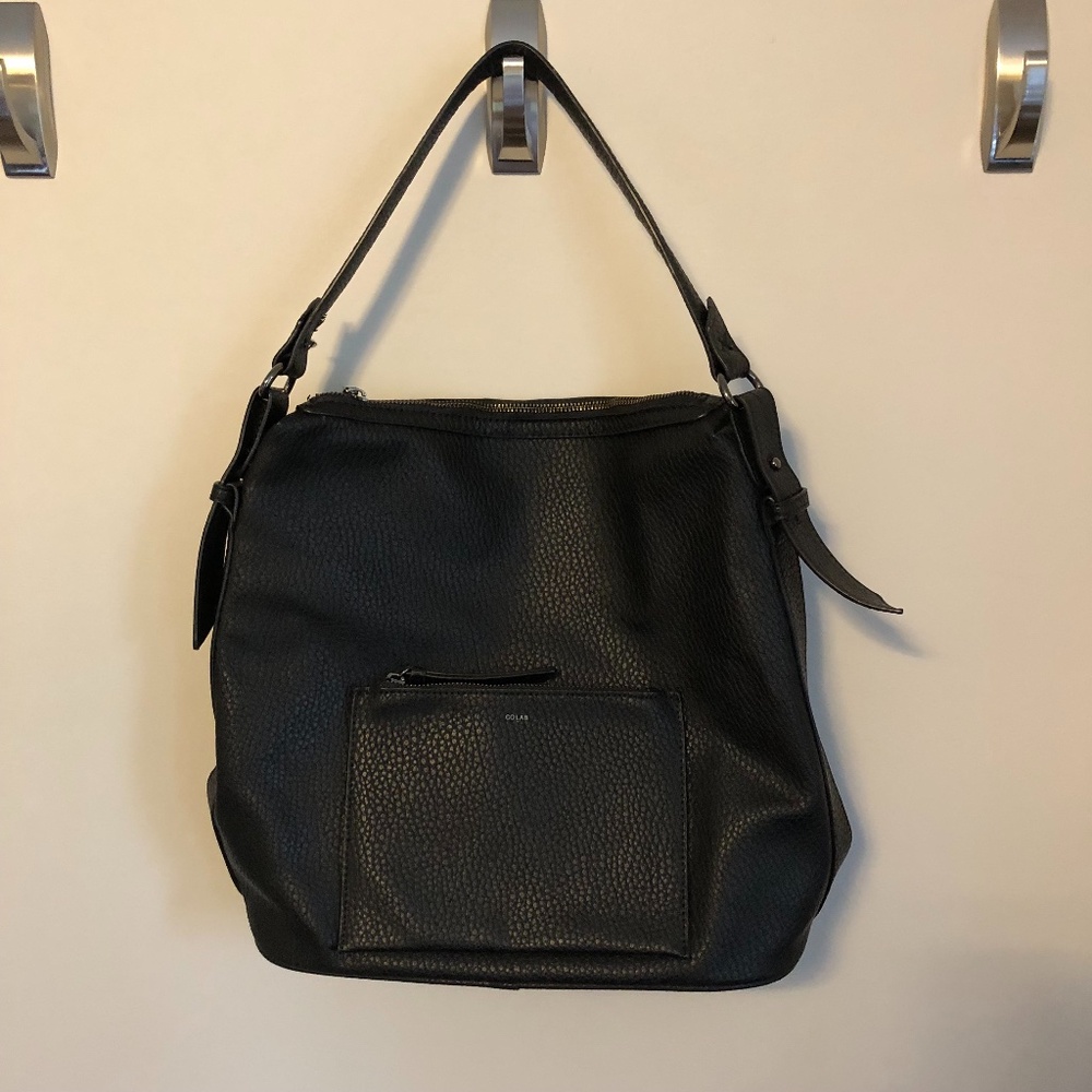 Co-Lab Vegan Faux Leather Large Black Shoulder Bag Zip Closure Exterior Pocket